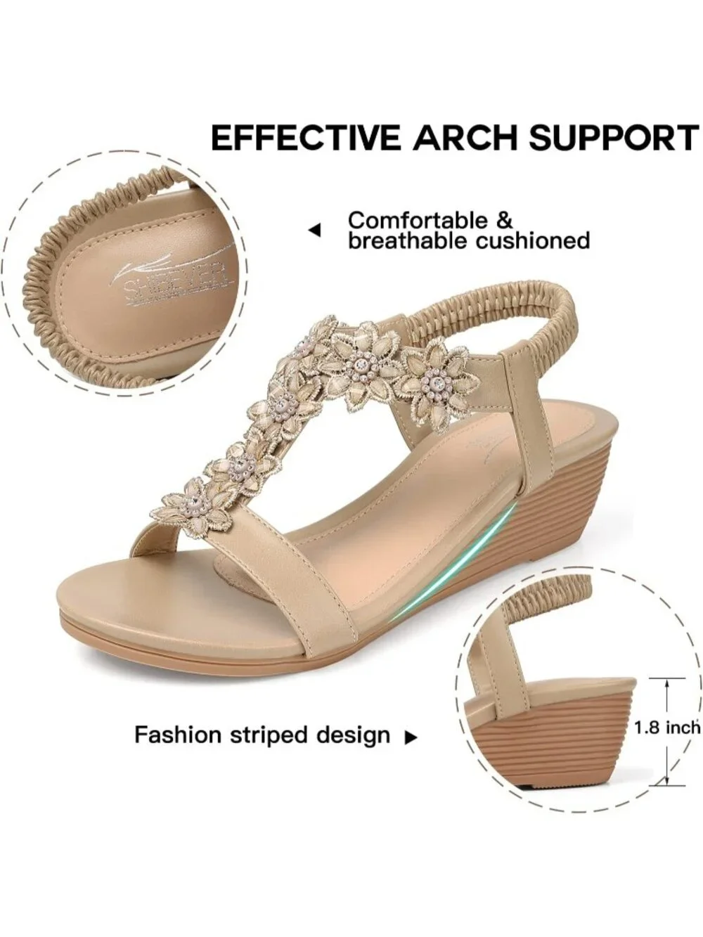 Women's Beige Wedge Sandals Summer Platform Comfortable Low Wedges Shoes